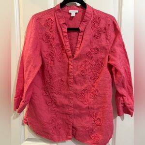 Charter club 100% linen button pink blouse.